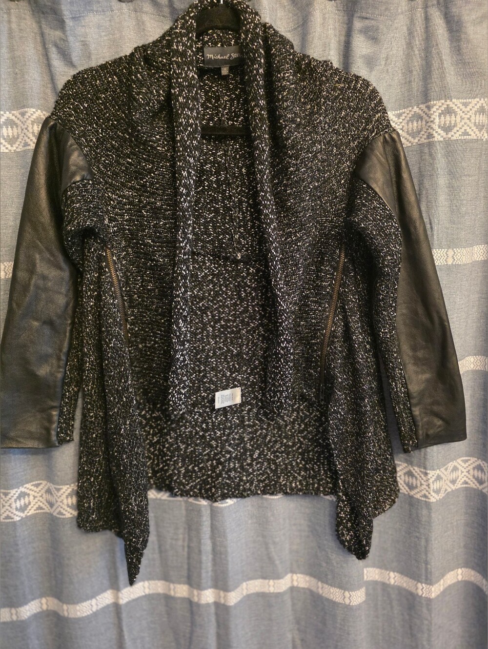 Michael Stars Draped Cardigan Faux Leather Sleeves Wool Blend Medium